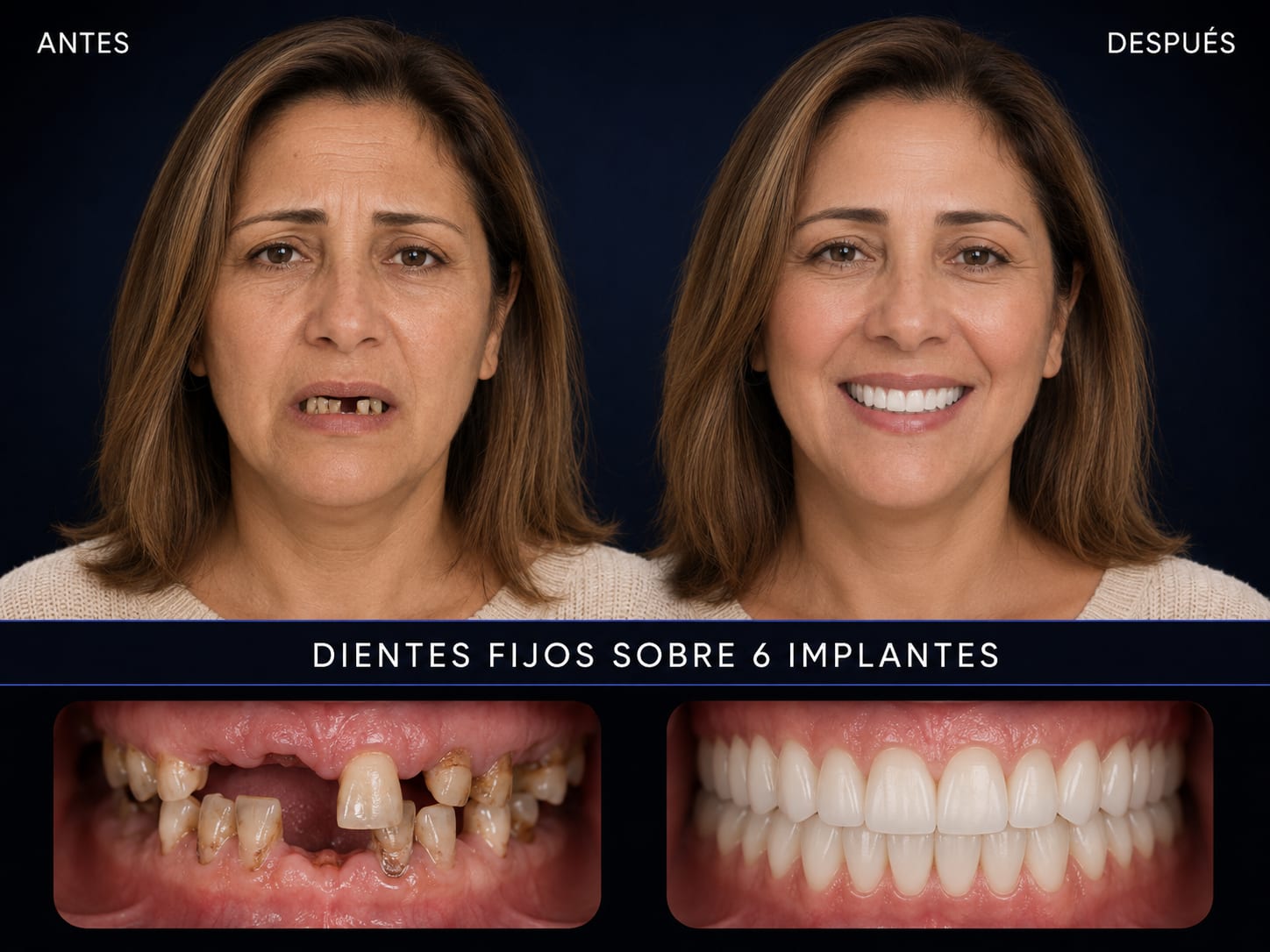Antes y después — dientes fijos sobre 6 implantes
